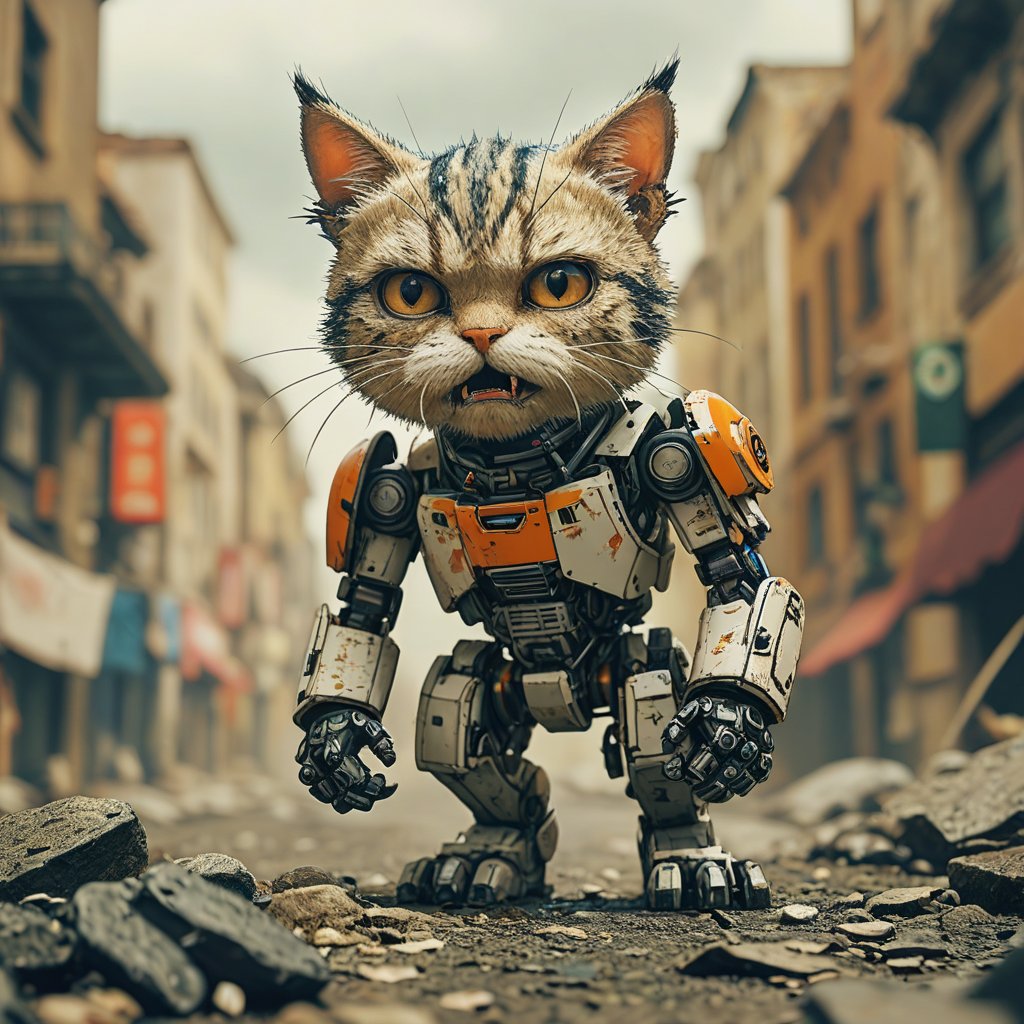 robo angry cat,  ruined city background by Goblinius on Tensor.Art