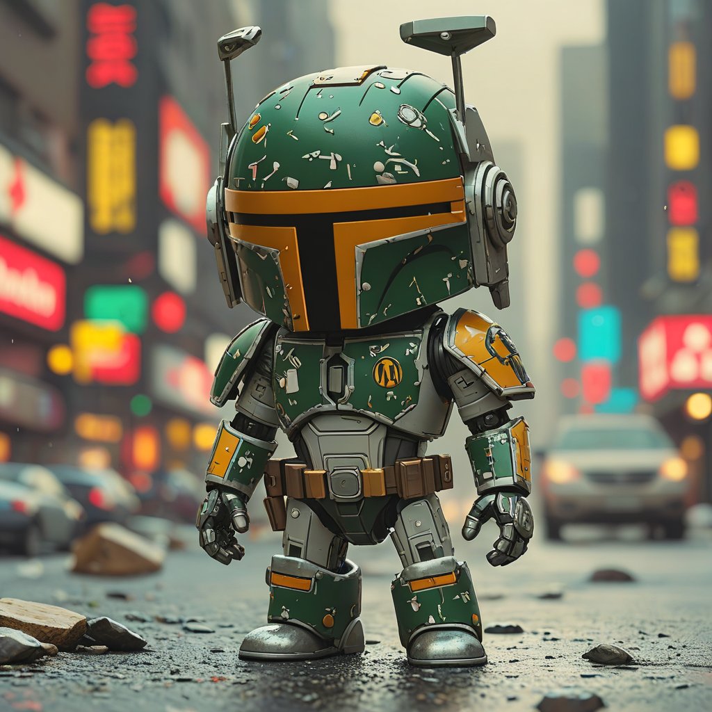 chibi robo boba fett ruined city background, no fur, mechanical face, LED eyes