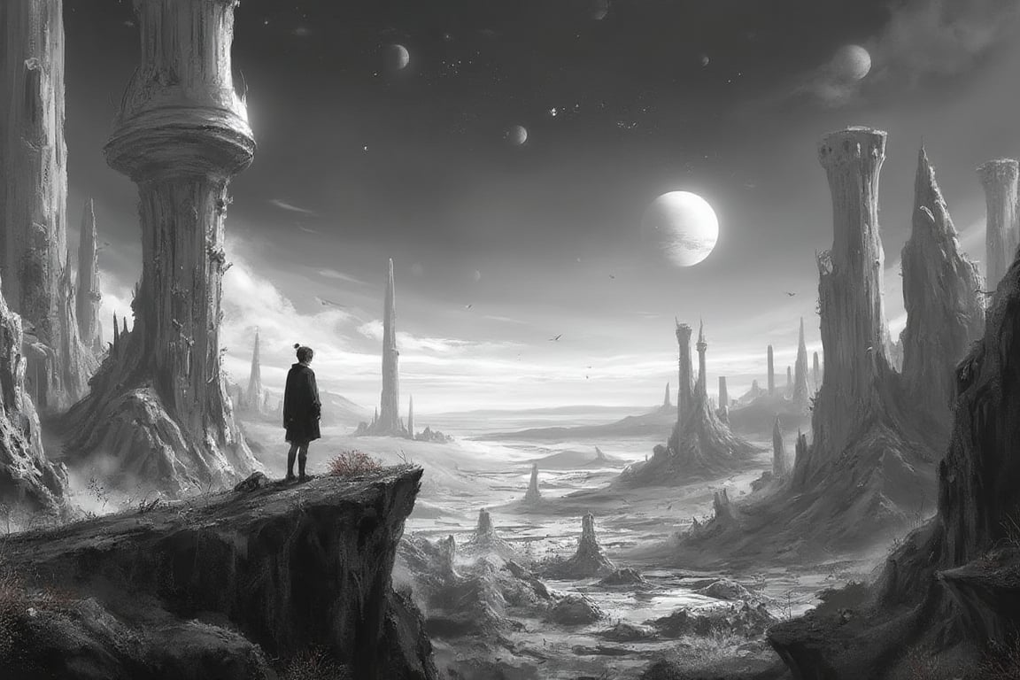 A surrealistic black-and-white depiction of an alien planet under a vast,  starless sky. The landscape is desolate,  with...