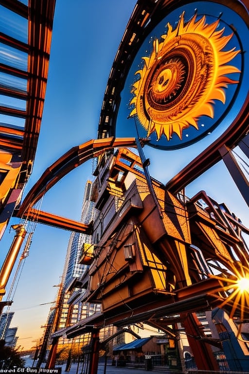 A massive mechanical sun that hangs in the city's center, its gears and cogs constantly whirring. It serves as both a timekeeping device and a mesmerizing spectacle during its daily "sunset."