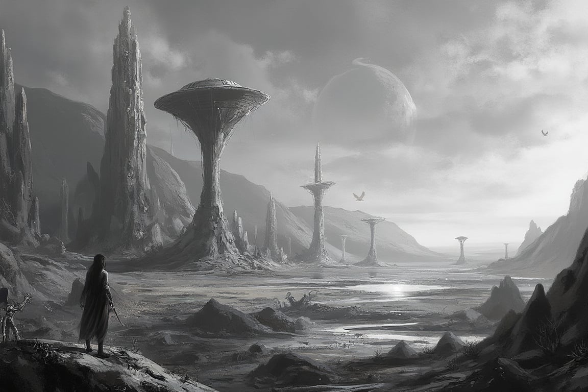 A surrealistic black-and-white depiction of an alien planet under a vast,  starless sky. The landscape is desolate,  with...