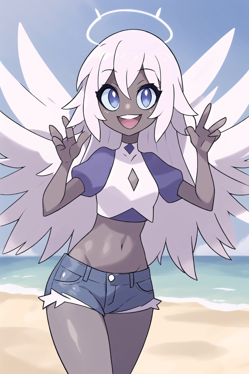 Prompt
1girl, solo, angel, wings, multiple wings, dark skin, grey skin, blue eyes, happy smile, black lips, solo, looking at viewer, cute pose, smile outdoors, summer, crop top, denim shorts, melting popsicle, beach, ON,ON,juuzou_suzuya,emily