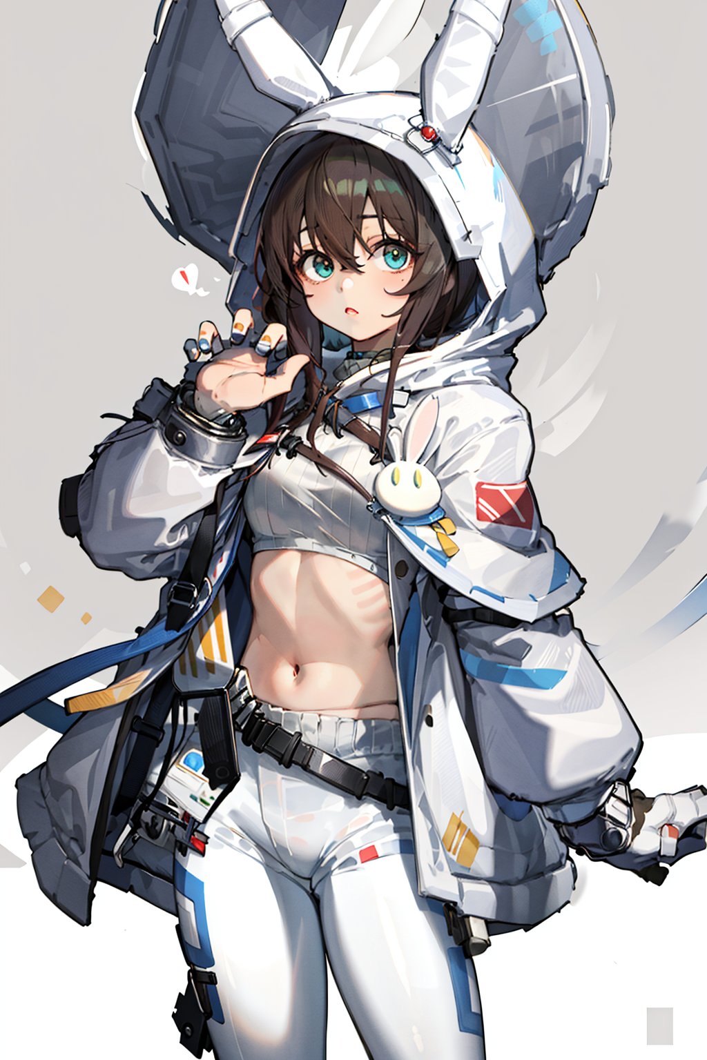 masterpiece, high quality, 1girl, simple background, amiyaCASA,rabbit ears, hood up, open hoodie, white pants,cowboy shot, standing, looking at viewer,amiyaCASA