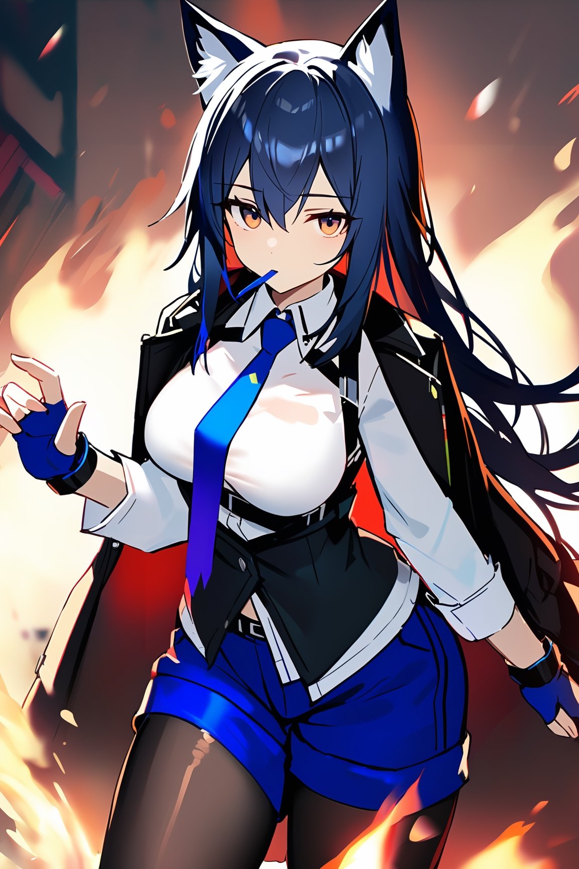 best quality, masterpiece, 1girl, animal_ear_fluff, animal_ears, arknights, black_hair, black_jacket, black_pantyhose, black_vest, blue_gloves, blue_necktie, blue_shorts, breasts, brown_eyes, closed_mouth, fingerless_gloves, fire, gloves, jacket, jacket_on_shoulders, long_hair, long_sleeves, looking_at_viewer, medium_breasts, mouth_hold, necktie, pantyhose, pantyhose_under_shorts, shirt, shorts, solo, texas_(arknights), texas_the_omertosa_(arknights), very_long_hair, vest, white_shirt, wolf_ears