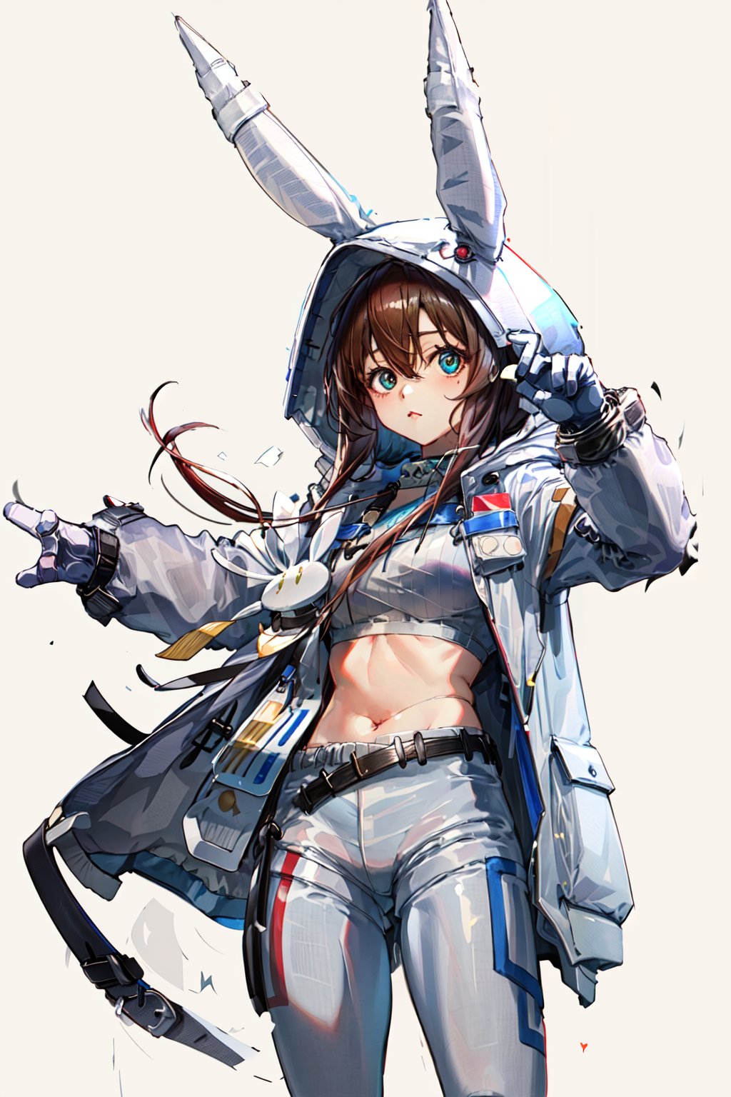 masterpiece, high quality, 1girl, simple background, amiyaCASA,rabbit ears, hood up, open hoodie, white shorts, standing, looking at viewer, cowboy shot