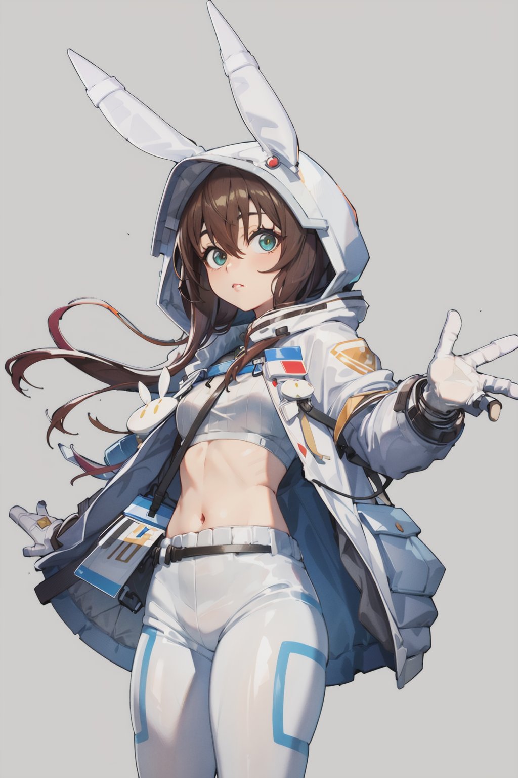 masterpiece, high quality, 1girl, simple background, amiyaCASA,rabbit ears, hood up, open hoodie, white shorts, standing, looking at viewer, cowboy shot