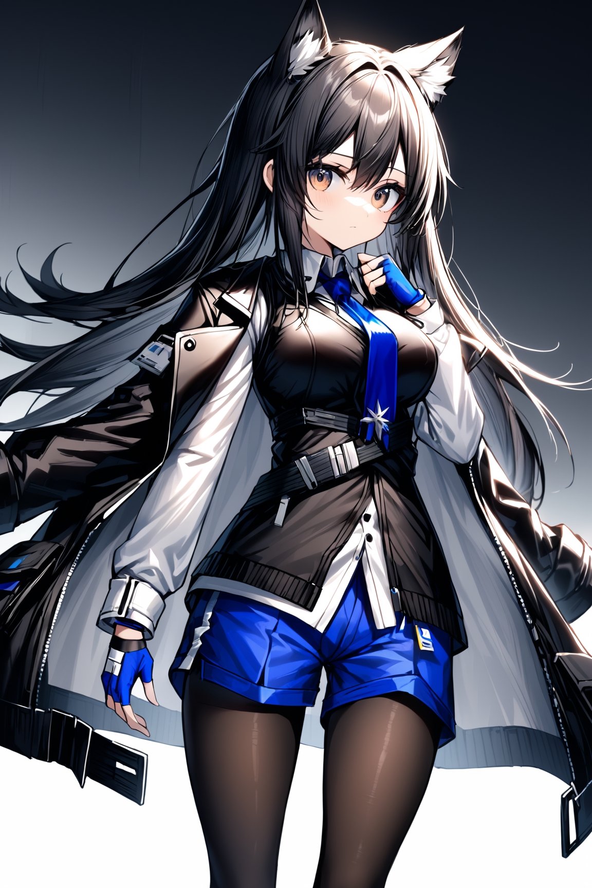  1girl, animal_ear_fluff, animal_ears, arknights, black_hair, black_jacket, black_pantyhose, black_vest, blue_gloves, blue_necktie, blue_shorts, breasts, brown_eyes, closed_mouth, fingerless_gloves, fire, gloves, jacket, jacket_on_shoulders, long_hair, long_sleeves, looking_at_viewer, medium_breasts, necktie, pantyhose, pantyhose_under_shorts, shirt, shorts, solo, texas_(arknights), texas_the_omertosa_(arknights), very_long_hair, vest, white_shirt, wolf_ears