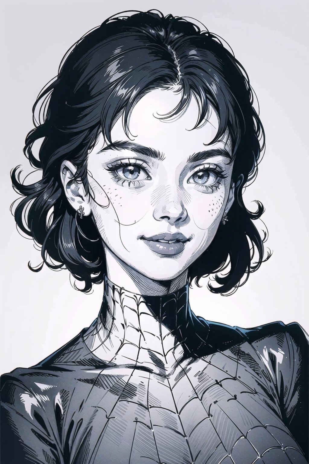 1girl, masterpiece, top quality, 8K, detailed skin texture, detailed cloth texture, beautiful detailed face, intricate details, ultra Details, Audrey Hepburn smile, Spiderman uniform, sorrel fluffy hair, (half body: 1.2), （smile face）, warm lighting,monochrome,DRAWING,Pixel art