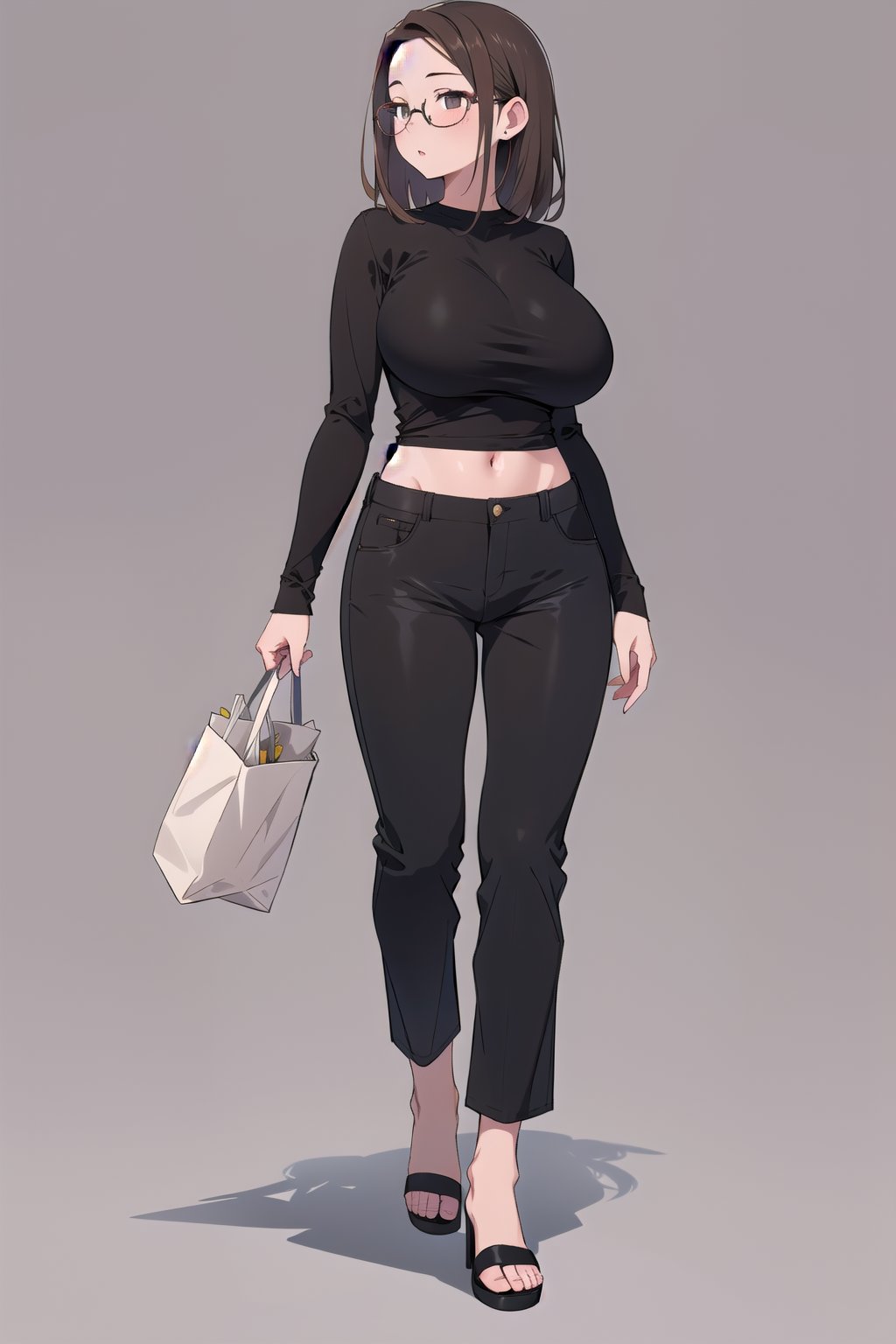 ((masterpiece, best quality, adult female )), solo, 1girl, brown hair, straight hair, glasses, short height, (black shirt with long sleeves, pants), enormous breasts, standing , simple background, Balsamique, Nikki, mature female