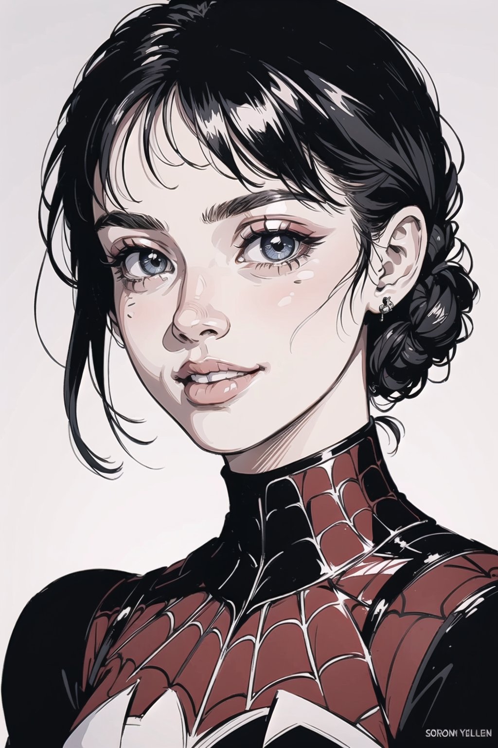 1girl, masterpiece, top quality, 8K, detailed skin texture, detailed cloth texture, beautiful detailed face, intricate details, ultra Details, Audrey Hepburn smile, Spiderman uniform, sorrel fluffy hair, (half body: 1.2), （smile face）, warm lighting,monochrome,DRAWING,Pixel art