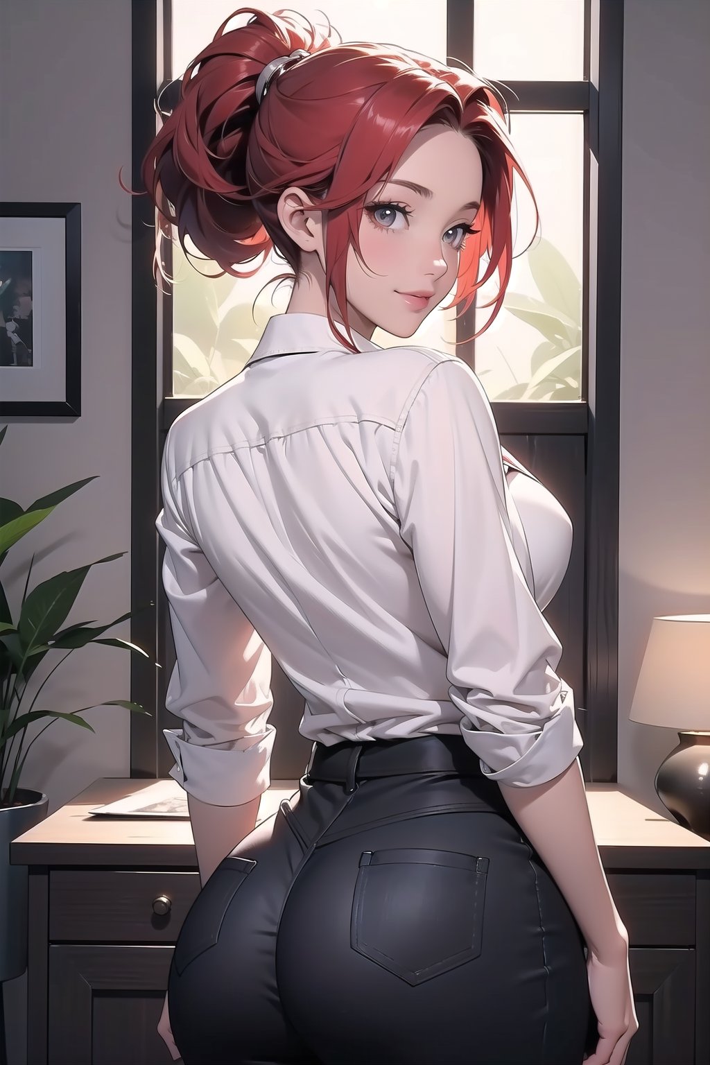 A sultry Makima from the anime series sits solo in a dimly lit room, her red hair cascading down her back like a fiery waterfall. Her ringed eyes gleam with a subtle hint of mischief as she gazes directly at the viewer. A braided ponytail adorns her head, framing her striking features. She wears a crisp white shirt with a black necktie and matching pants, drawing attention to her curvaceous figure. The camera frames her from behind, showcasing her impressive posterior as she confidently presents it to the viewer, accompanied by a sly upturned smile.