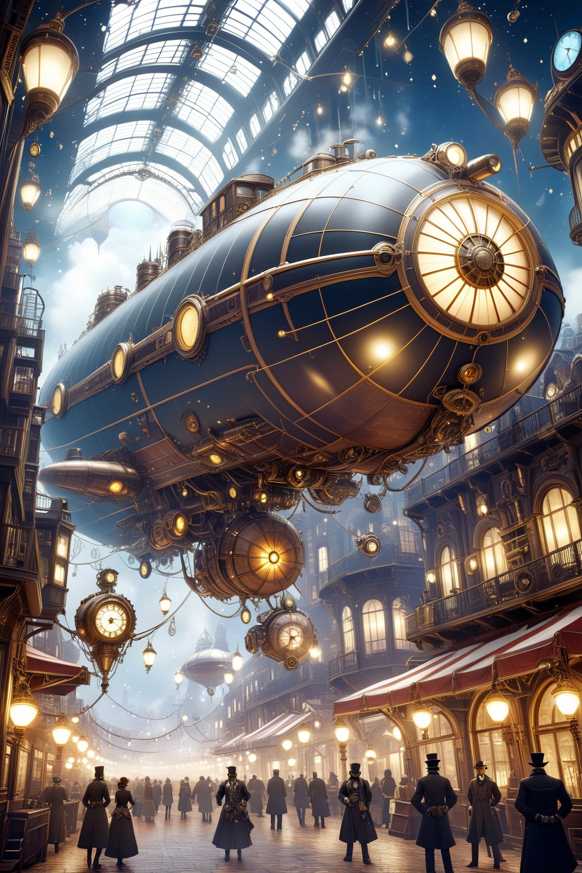 Un dirigible gigante adornado con luces brillantes y propulsores de vapor, navegando entre las estrellas.,Mechanical,DonMSt34mPXL,SP style,steampunk style