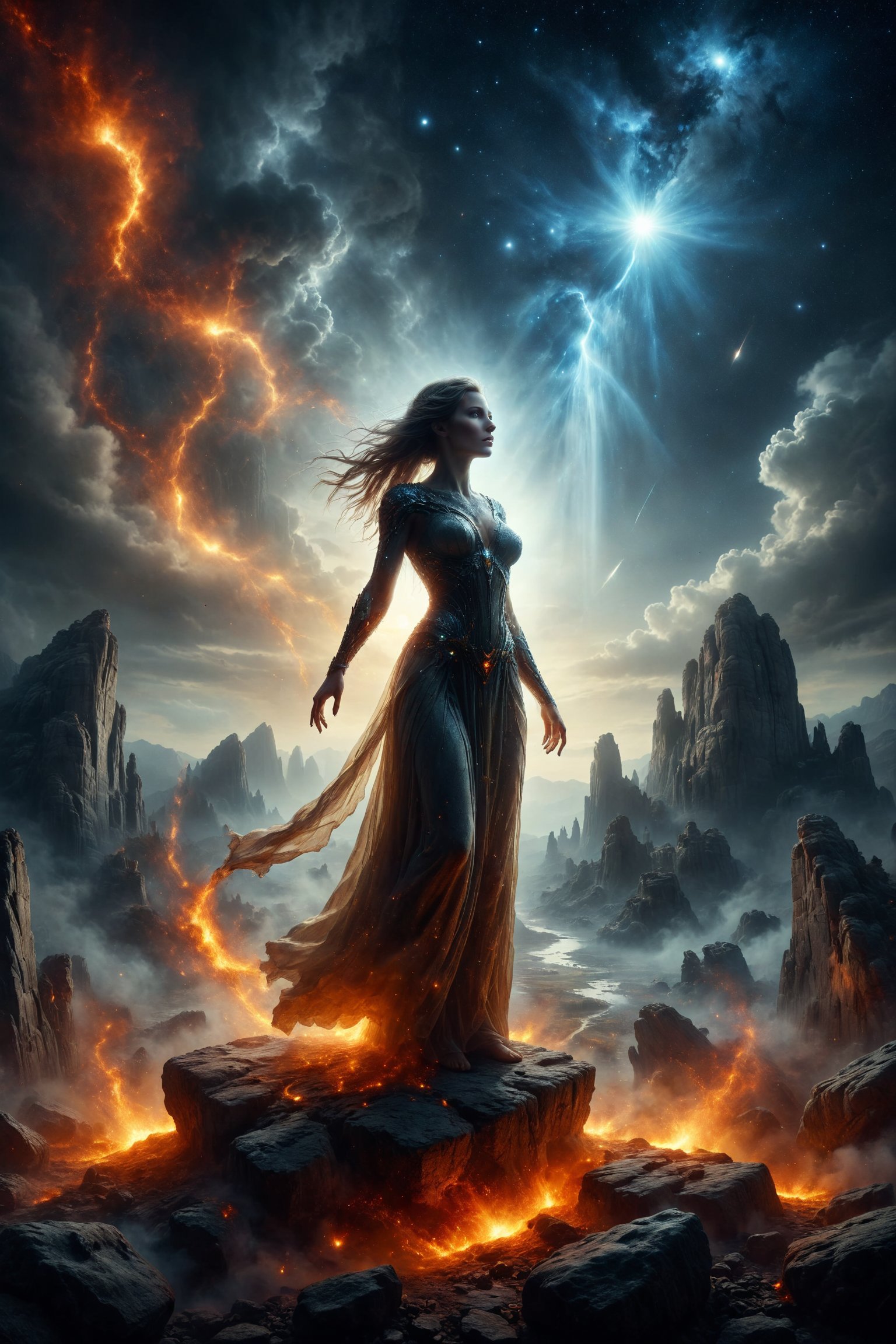 Queen of meteorits,  full body,  Meteora streaks through the skies like a glowing trail of light by ALEXERNUM on Tensor.Art