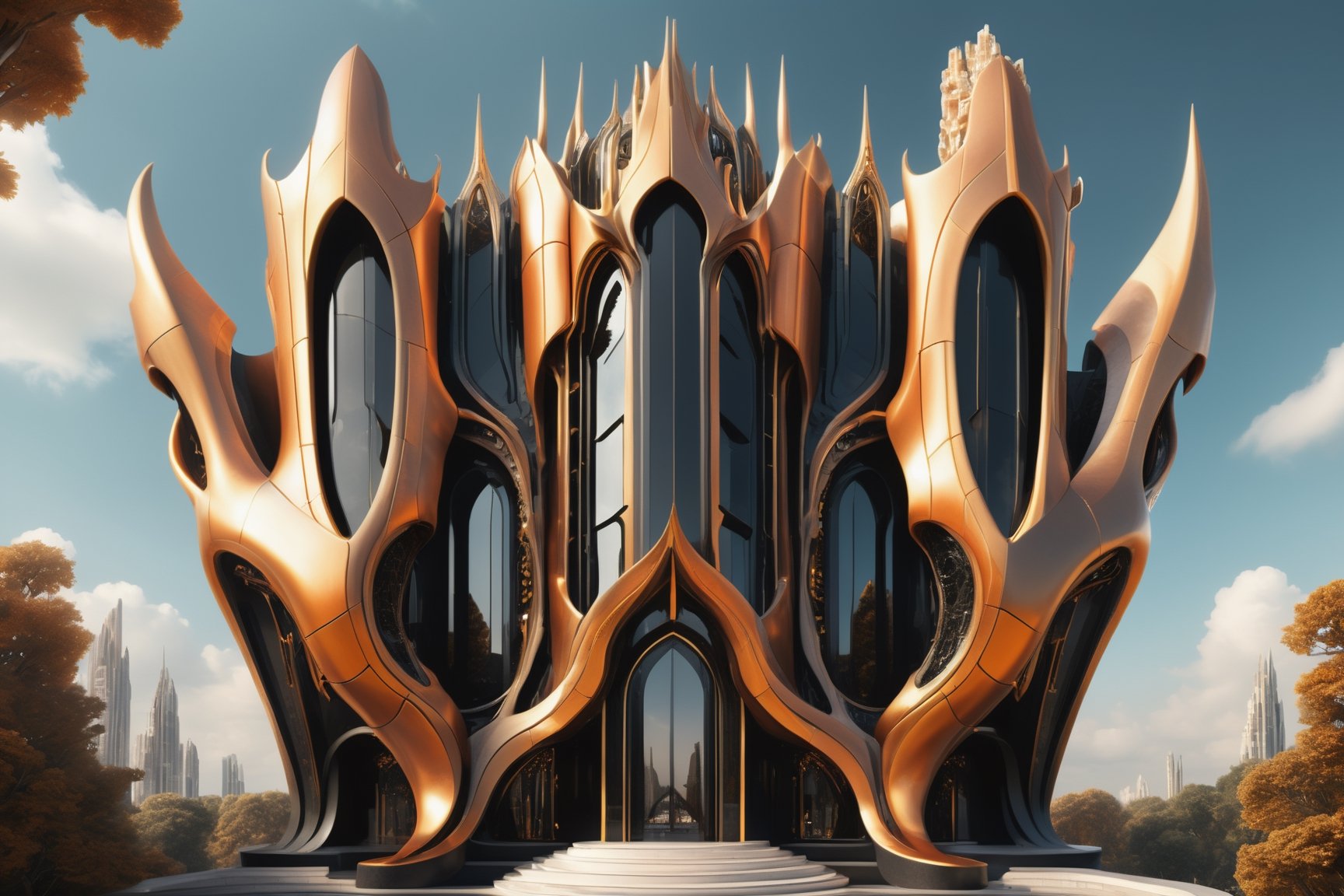 High-definition photorealistic render of an exterior vertical sculptural casttle in parametric architecture, with pointed, dragon-wing-like symmetrical curves inspired by the constructions of Zaha Hadid. A luxurious design featuring marble, glass, and golden metal, with black and white details. The design is inspired by the main stage of Tomorrowland 2022, with ultra-realistic Art Deco details and a high level of intricacy in the image.