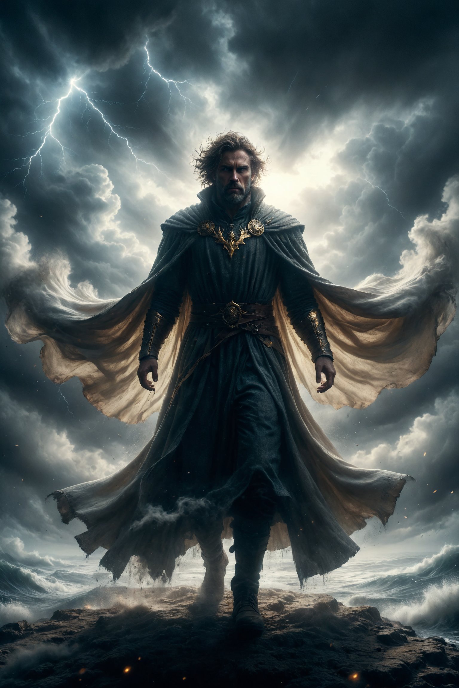 King of wind full body,  Aeolus stands tall with winds swirling around him,  his cloak billowing like clouds in a storm. H...