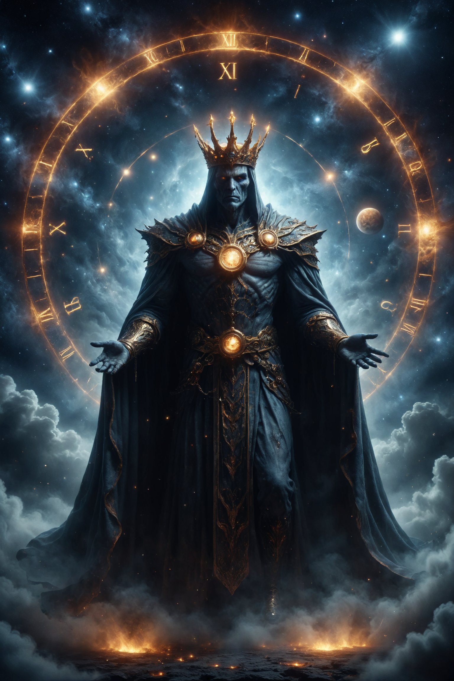 King of time full body,  Cronos is a figure of immense stature,  with a cloak adorned with the cycles of the cosmos. His e...
