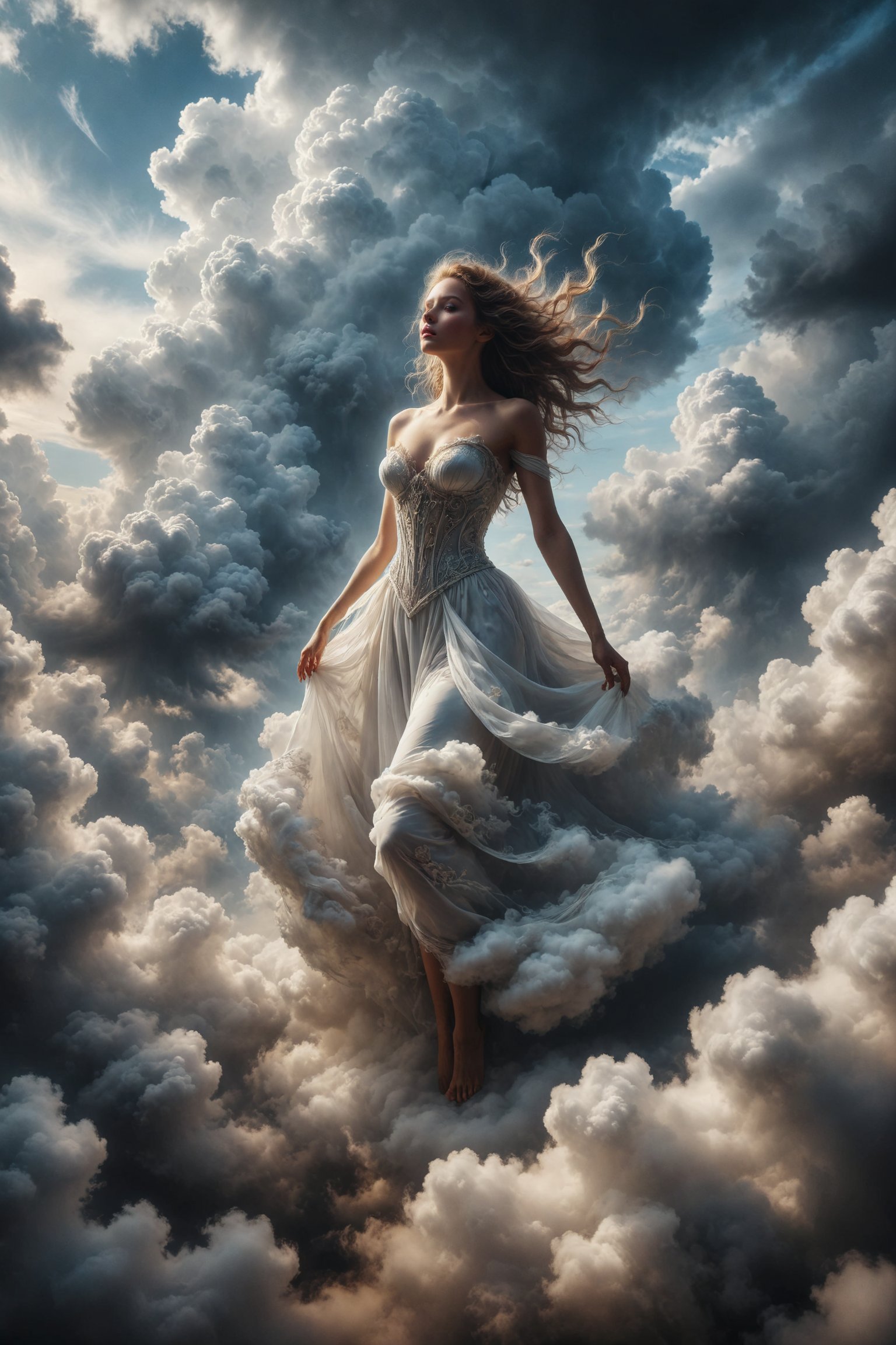 Queen of clouds,  full body,  Nefelé floats through the sky on billowing clouds by ALEXERNUM on Tensor.Art