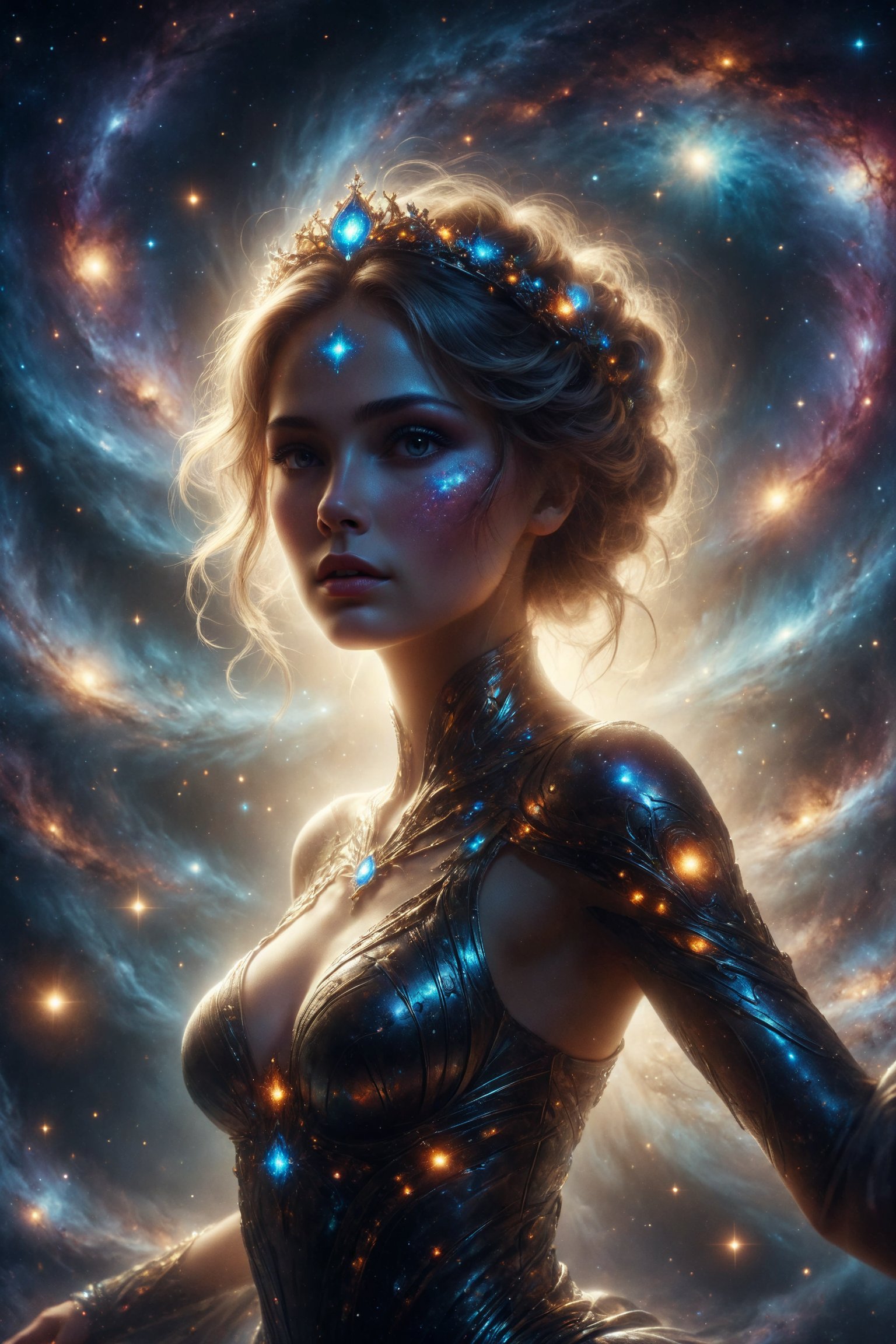 Queen of galaxia ,  Galaxia glows with the light of billions of stars,  her form swirling like the spiral arms of a galaxy...