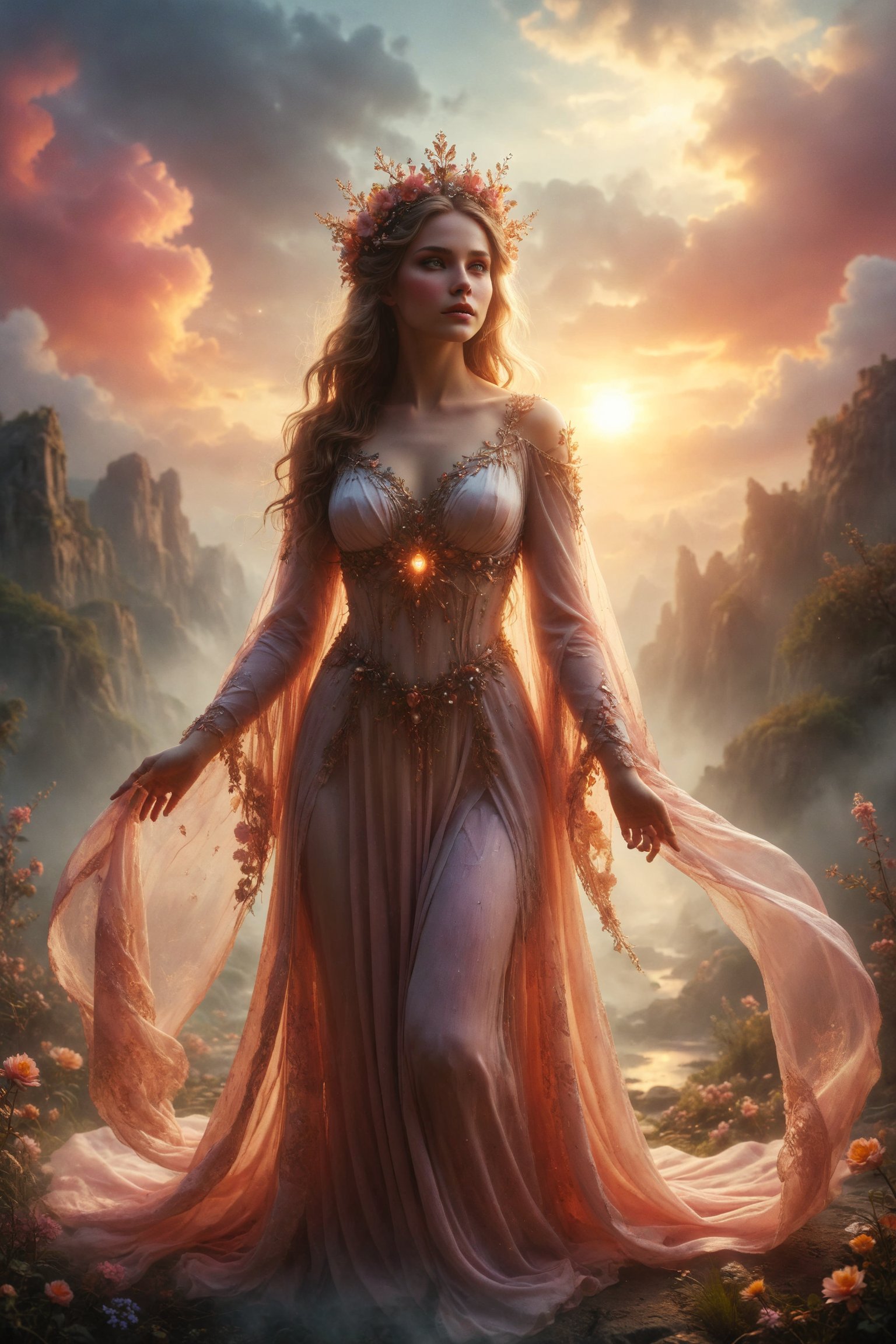 Queen of dawn Eos,  full body,  Eos is a radiant goddess with rosy fingers and a diaphanous robe that shimmers with the co...