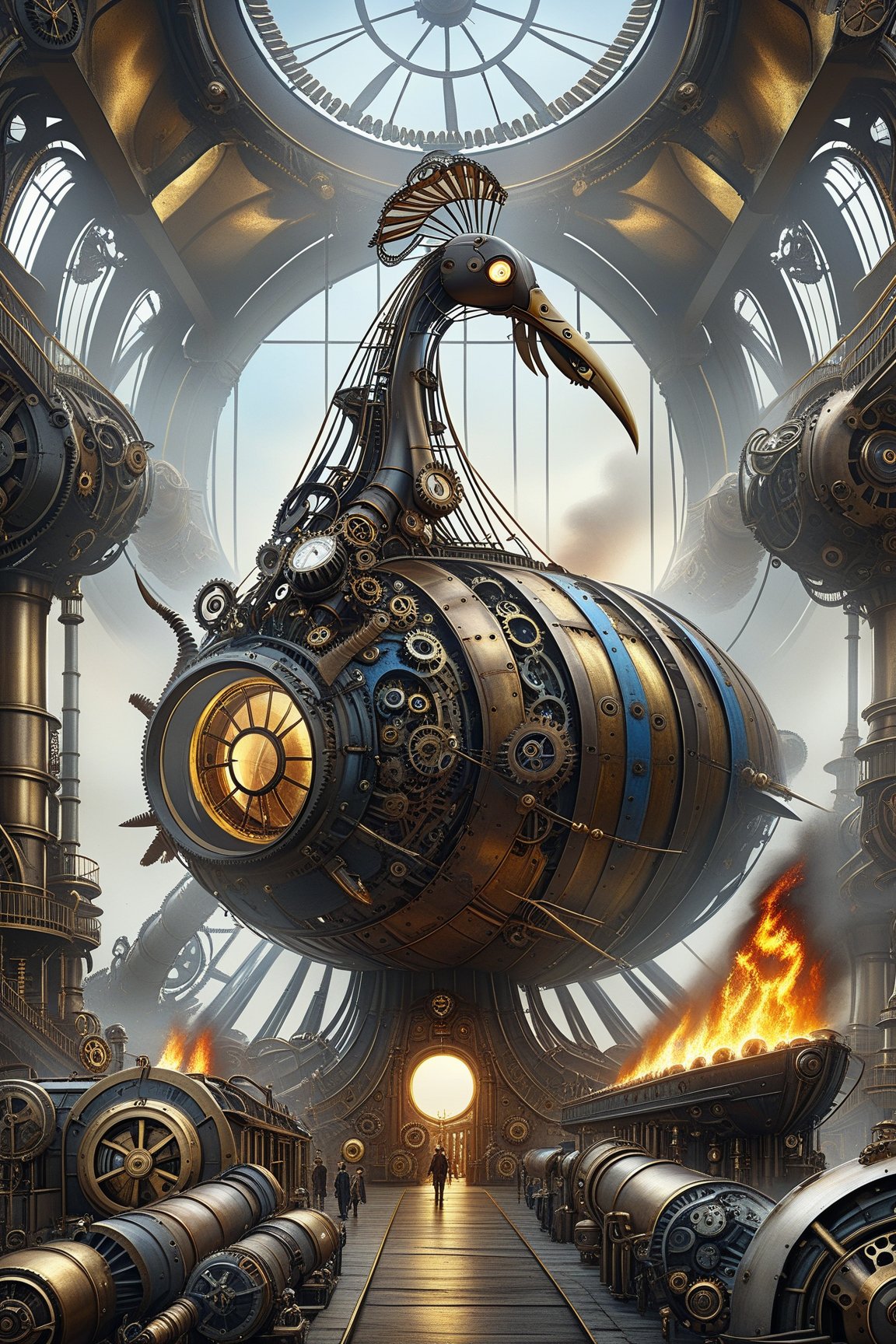 mitica y vintage escena steampunk de Una nave con alas de metal que brillan con un fuego interno, pintado en una combinación de marrones y azules pasteles que evocan renovación y resurgimiento. ,Mechanical,DonMSt34mPXL