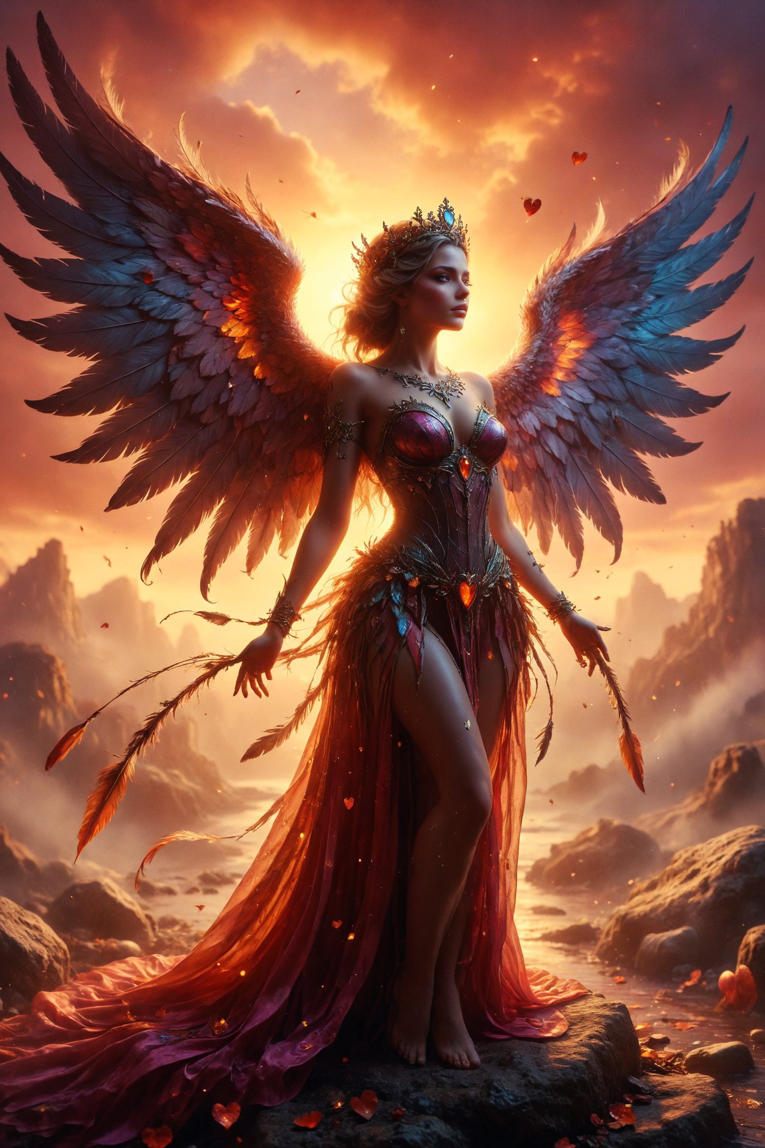 queen of love full body,  Amor embodies beauty and passion,  with wings that shimmer like the colors of a sunset. with hea...