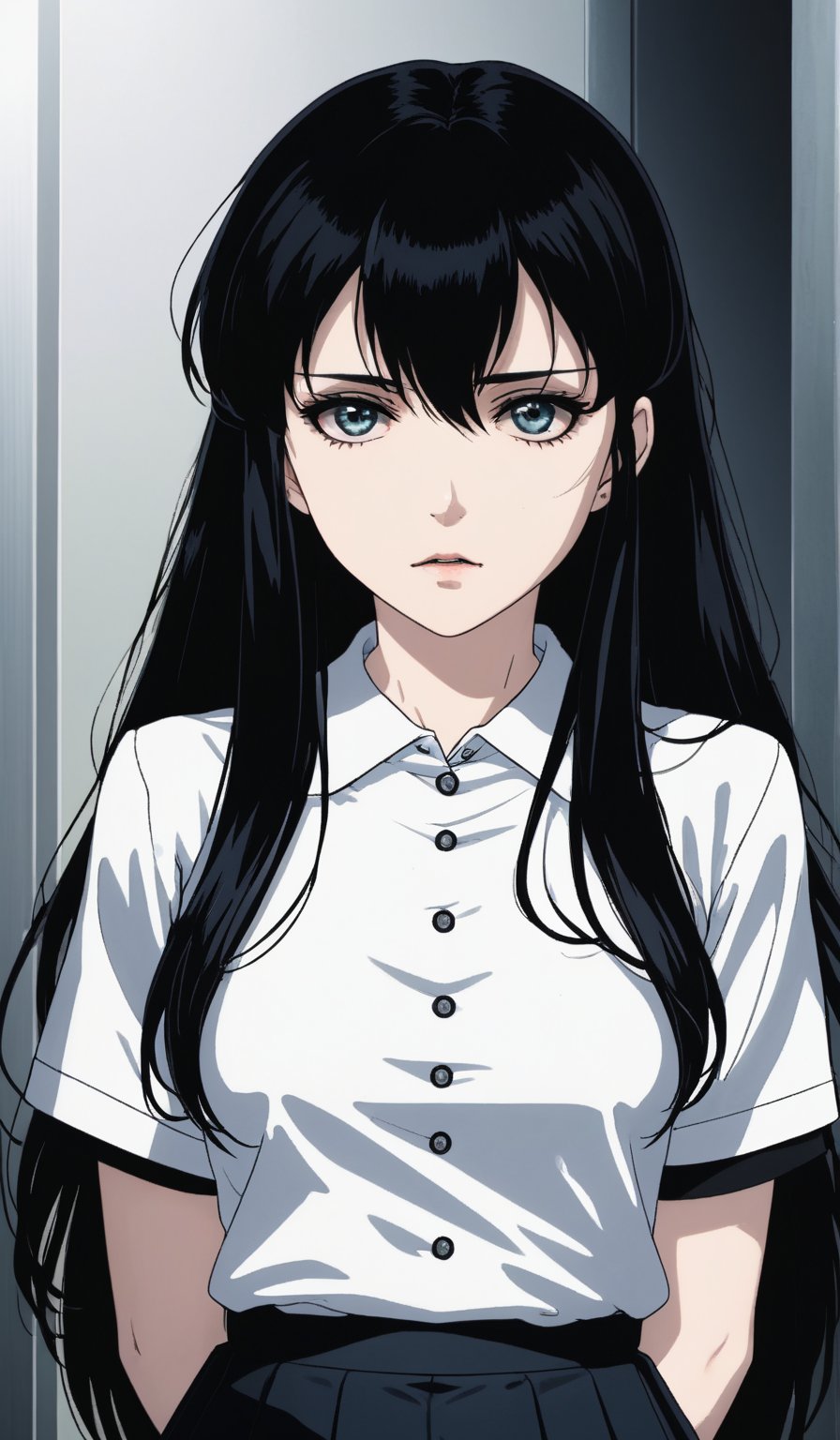 score_9, score_8_up, score_7_up, score_6_up, masterpiece,best quality,illustration,style of Realistic portrait of criminal girl, black long hair,pale,Cut out,white dressing,upper_body,spooky, (creepy:1.2),anime coloring HD,