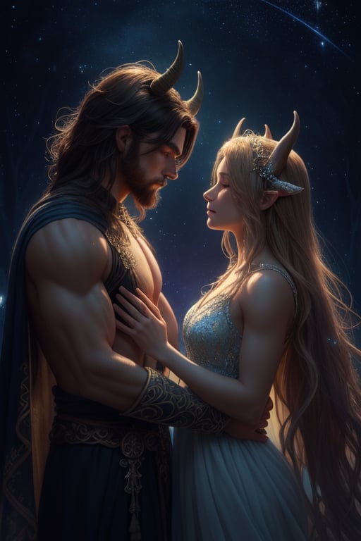 A fantasy scene featuring two characters under a starry night sky. One character has the muscular build and horns of a myt...