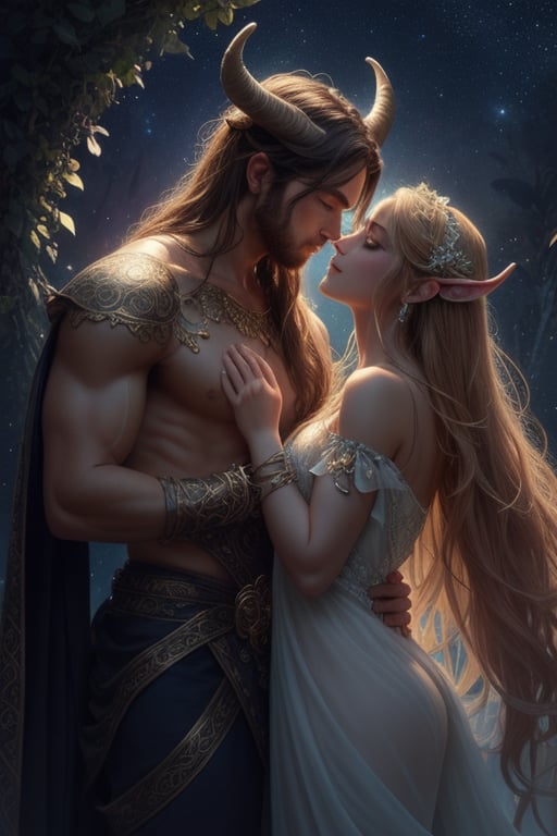 A fantasy scene featuring two characters under a starry night sky. One character has the muscular build and horns of a myt...