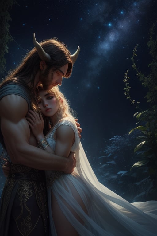 A fantasy scene featuring two characters under a starry night sky. One character has the muscular build and horns of a myt...