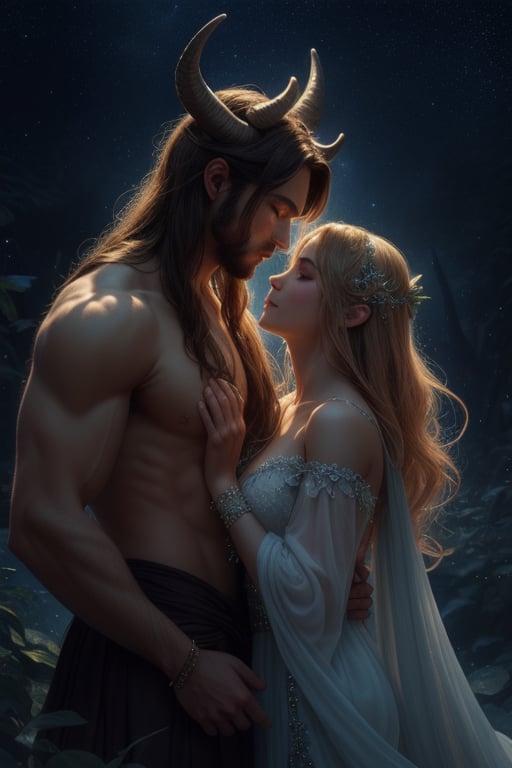 A fantasy scene featuring two characters under a starry night sky. One character has the muscular build and horns of a myt...