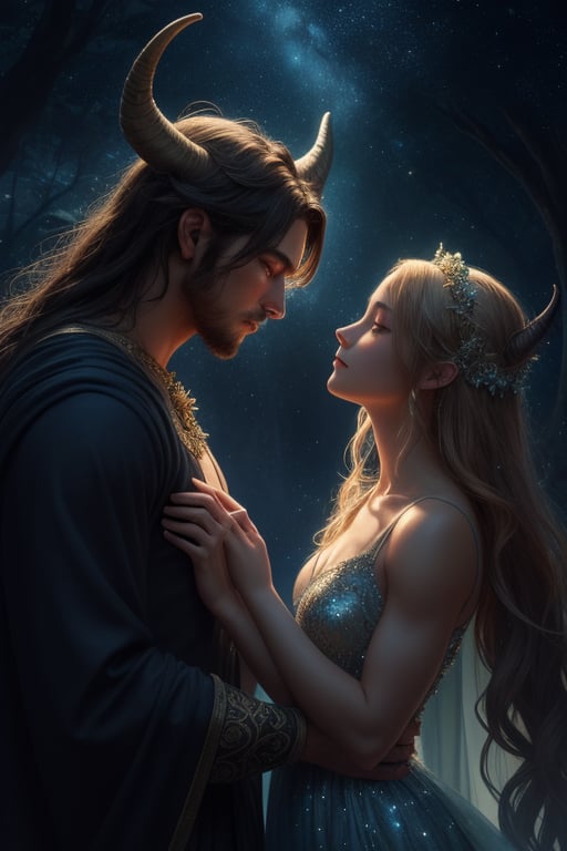 A fantasy scene featuring two characters under a starry night sky. One character has the muscular build and horns of a myt...