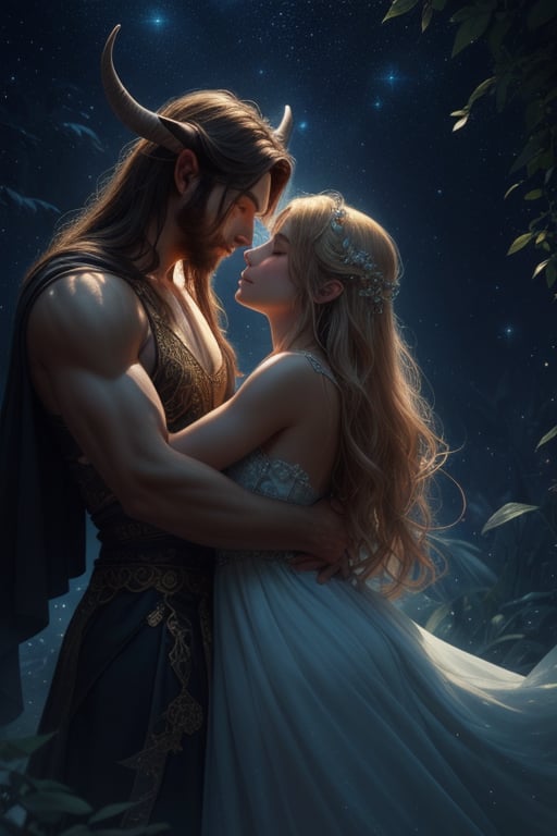 A fantasy scene featuring two characters under a starry night sky. One character has the muscular build and horns of a myt...