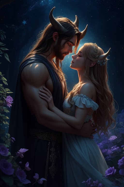 A fantasy scene featuring two characters under a starry night sky. One character has the muscular build and horns of a myt...