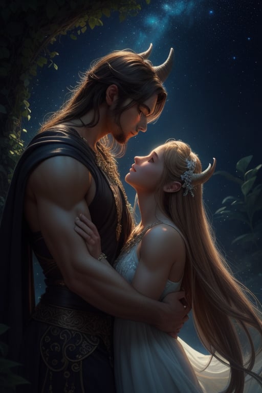 A fantasy scene featuring two characters under a starry night sky. One character has the muscular build and horns of a myt...
