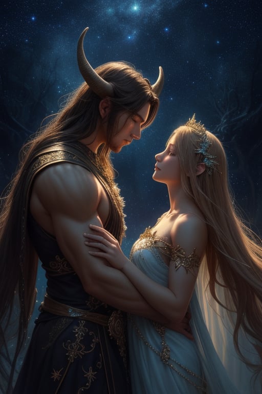 A fantasy scene featuring two characters under a starry night sky. One character has the muscular build and horns of a myt...