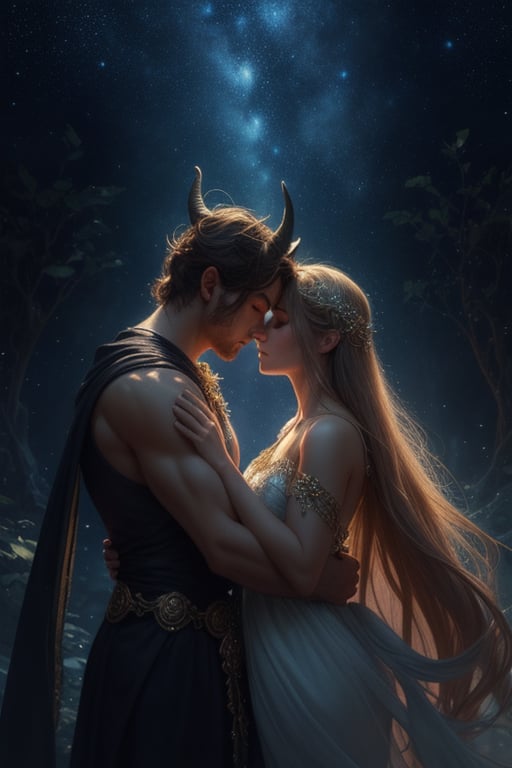 A fantasy scene featuring two characters under a starry night sky. One character has the muscular build and horns of a myt...