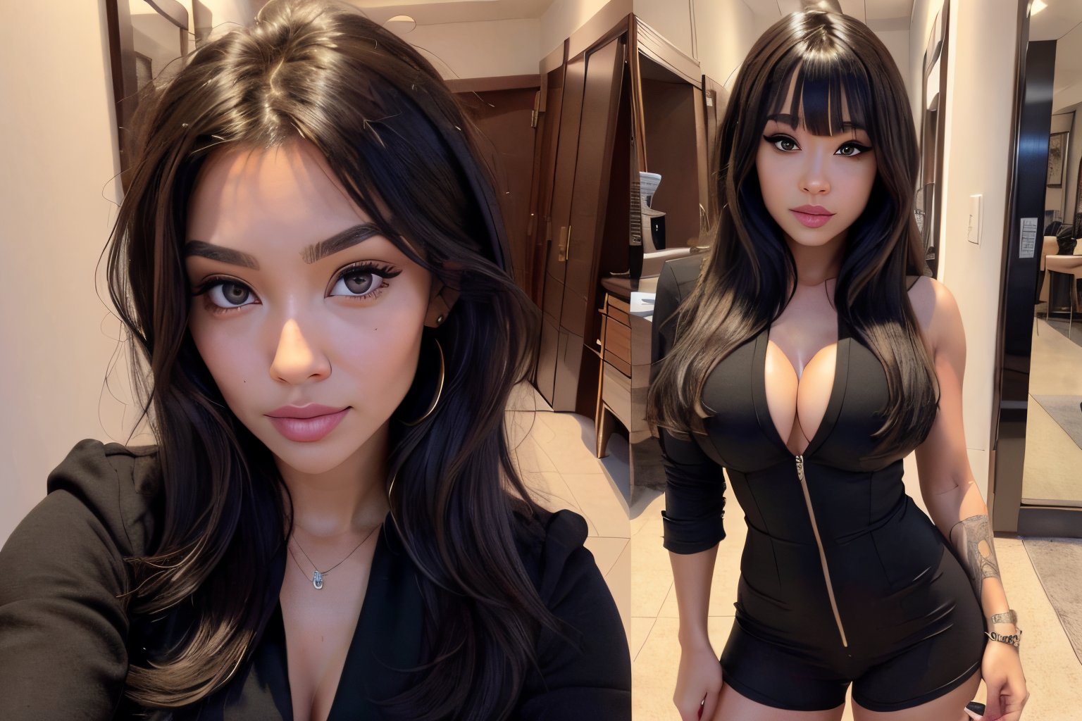 1woman, windy day, brown eyes, long black hair, hair in a bun, big breasts, putting on a black dressed, happy, black hair with bangs, beautiful face, perfect ass, perfect hands, perfect body, seductive look, sexy eyes, solo_female, full body