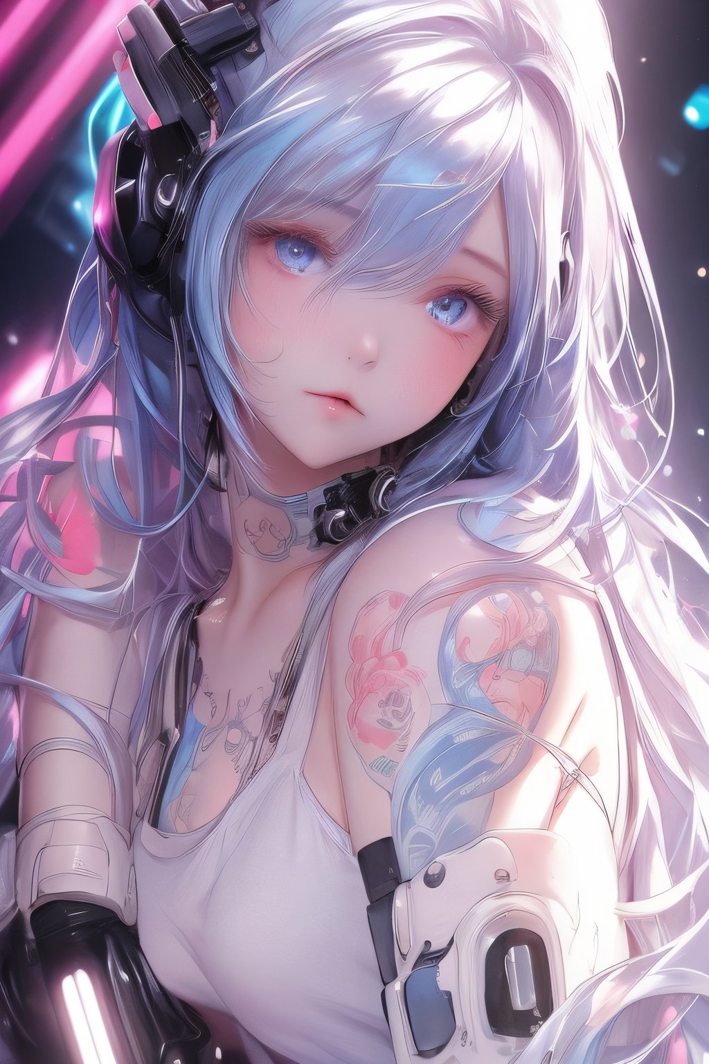 Cover, photo of a girl with long blue hair in a white t-shirt on one side of a tattooed cyberpunk space with details, luminism, strip lighting, complex, head and shoulders portrait, 4k,perfecteyes,yihyun,