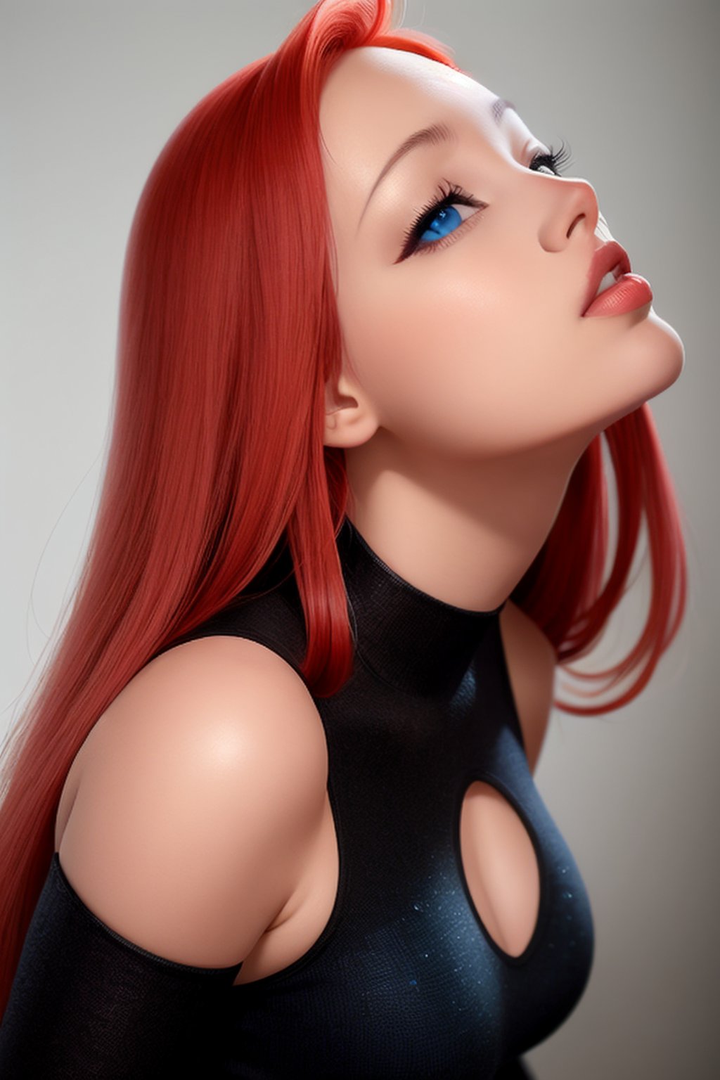 best quality, masterpiece, Black hair, blue eyes, looking up, upper body,JessicaWaifu,(red hair