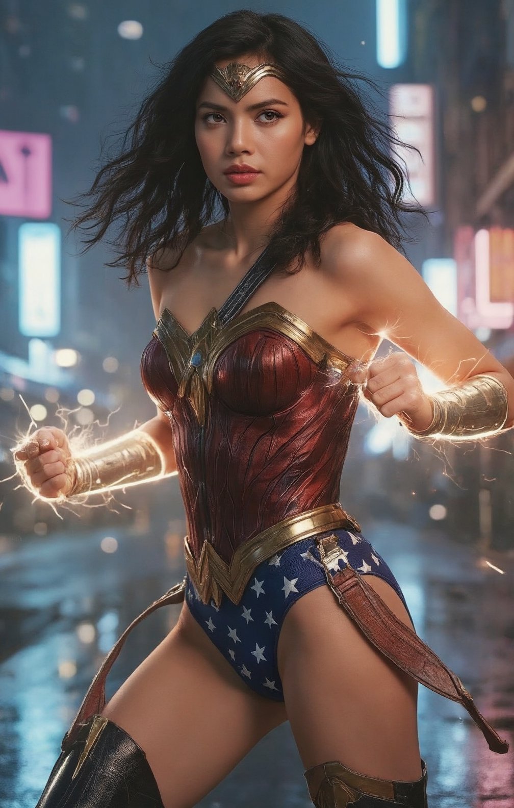 A cinematic medium shot of Lisa Manobal as a modern version of Wonder Woman in full battle action. Her face, captured in perfect detail, shows an intense and fierce expression. Her almond eyes shine with determination, enhanced by feline eyeliner that complements her golden tiara. Her high cheekbones and defined jawline are accentuated by the neon lights of the city. Lisa's full lips are pursed in concentration. Her long black hair, with subtle blue streaks, waves dramatically as if in slow motion.

Lisa wears a futuristic version of Wonder Woman's new costume: a black corset with the golden eagle, now with technological details and a soft holographic glow. The black skirt with white stars has been replaced by dark blue shorts of the same style, more practical for combat. Her golden bracelets emit flashes of energy, and the Lasso of Truth shines with an ethereal light at her side. The black and blue high-top boots have a streamlined design with integrated LED lights, replacing the previous red design.

Her arms are in a fighting stance, with visible energy flowing through her muscles, as if channeling the power of the gods. Rays of energy and electrical sparks dance around her cuffs and her tiara.

The background shows a futuristic cyberpunk city, with neon skyscrapers, floating holograms and rainy streets reflecting bright lights, all blurred to keep Lisa as the focal point. The atmosphere is tense and electric, as if we were witnessing a pivotal moment in an epic sci-fi superhero movie."






