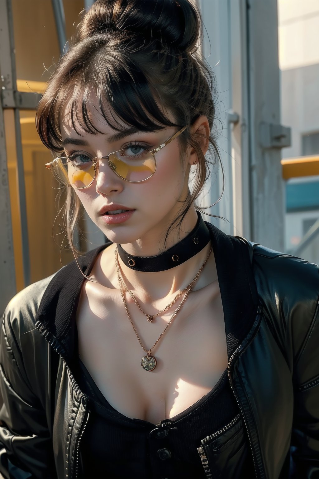 1girl, solo, looking at viewer, short hair, bangs, black hair, closed mouth, collarbone, jacket, glasses, choker, necklace, hair bun, lips, double bun, sunglasses, portrait, realistic, nose, round eyewear, red lips, tinted eyewear, cyberpunk, orange-tinted eyewear, yellow-tinted eyewear,Seulgi