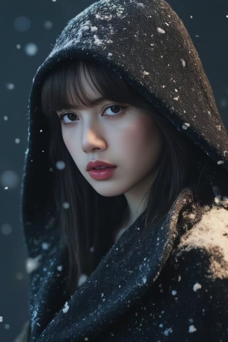 ((Photorealistic close-up of a mysterious woman in a dark, snow-dusted cloak, ))Her pale skin and pink lips standing out against the cold, wintry background, with her eyes reflecting the soft light of the snow-covered landscape cinematic lighting, extremely intricate detail character, accurate depiction of character, correct body anatomy, correct hands and fingers, extremely intricate skin and facial skin texture detail, lifelike potrayal, extremely realistic lighting, extreme dynamic pose. Extremely sharp detail without blurringThe backdrop is a black wall, creating a stark contrast to the lighting gold circle. To the right of the woman, the words "lucky" are written in a bold font. Porta 160 color, shot on ARRI ALEXA 65, bokeh, sharp focus on subject, shot by Don McCullin,lisa_blackpink ((full body)) ((Complete definition of body silhouette))