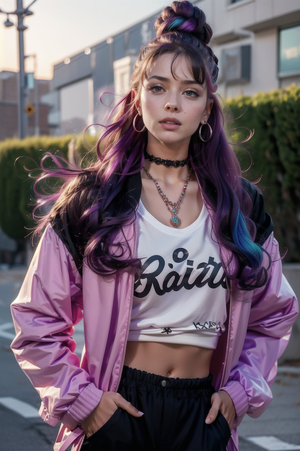 1girl, solo, long hair, looking at viewer, blonde hair, shirt, navel, jewelry, jacket, upper body, purple hair, multicolored hair, earrings, parted lips, open clothes, choker, midriff, hood, necklace, open jacket, black jacket, hands in pockets, graffiti