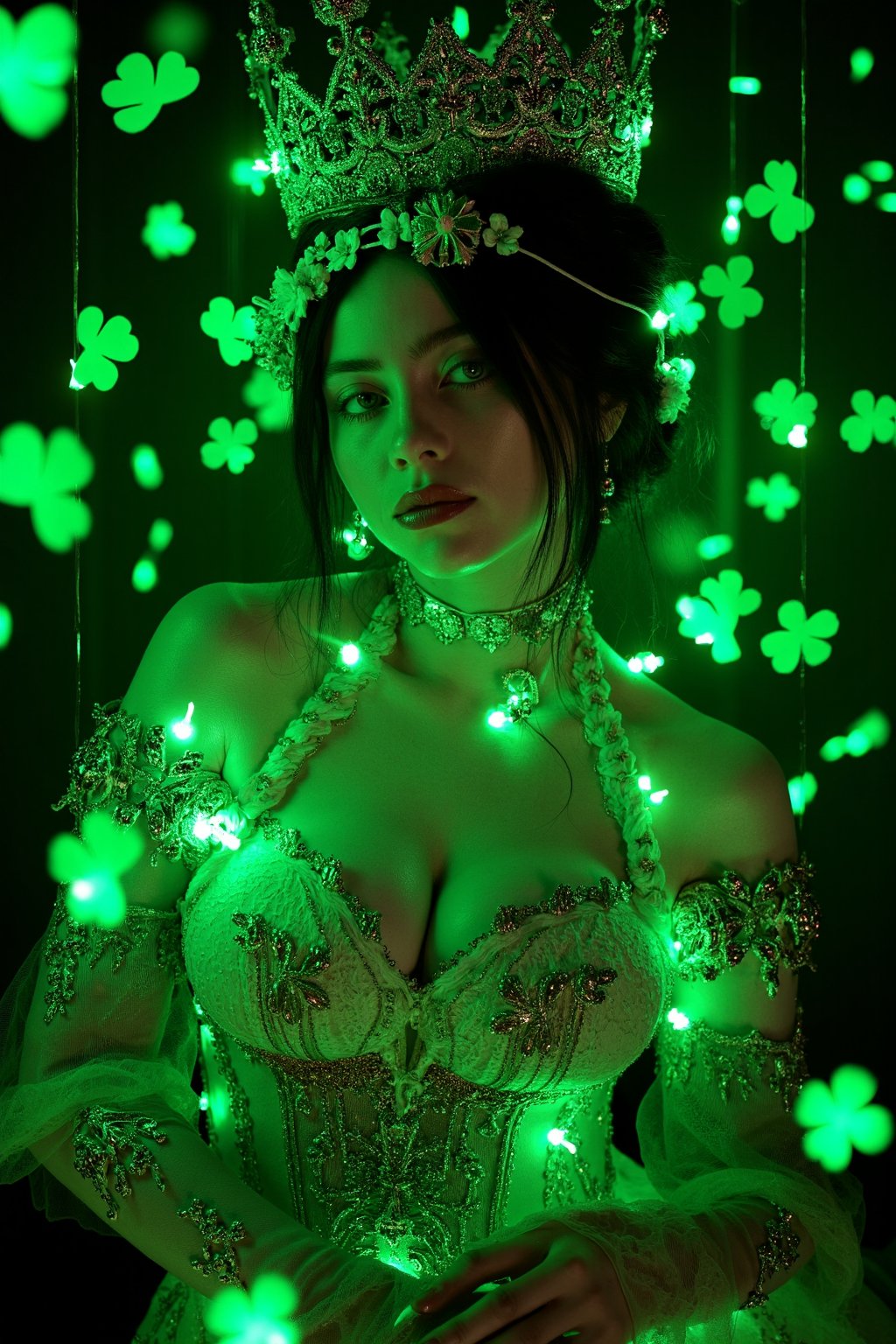 Queen of hearts, playing card, poker card, queen of hearts new art, Asian queen, beautiful face, image real, like in poker cards,big busty,There are 4-leaf clovers falling, green LED lights,Concept art by artgem, Neon green atmosphere, led lights, cyberpunk night 