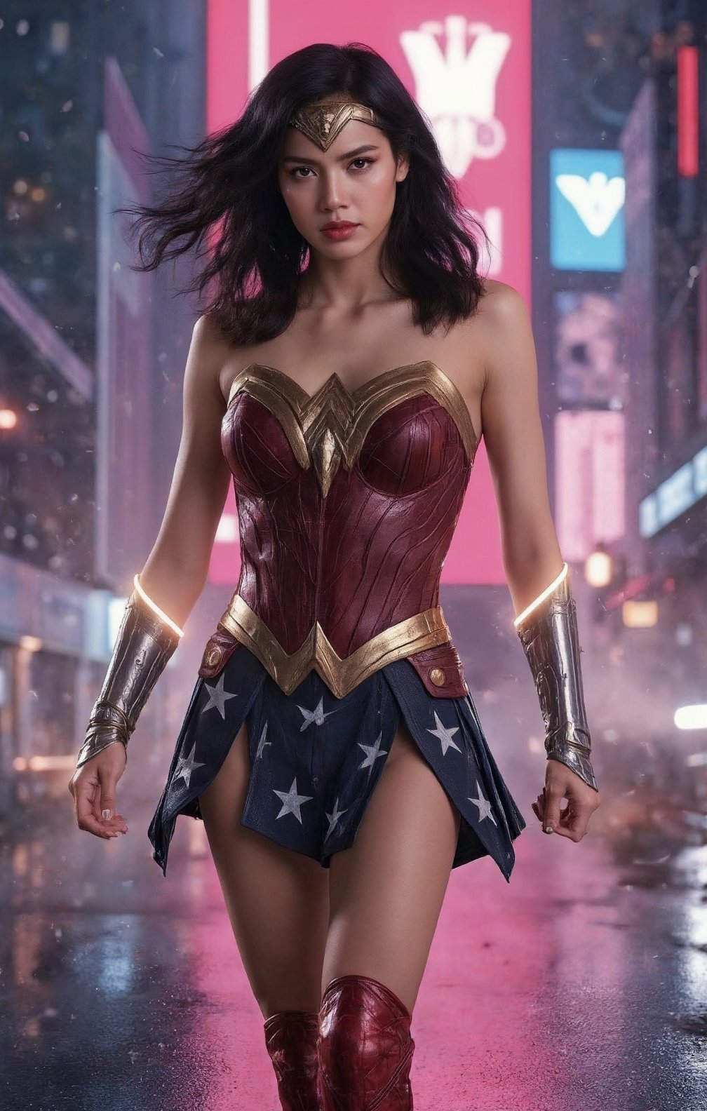 "A cinematic medium shot of Lisa Manobal as a modern version of Wonder Woman in full battle action. Her face, captured in perfect detail, shows an intense and fierce expression. Her almond eyes shine with determination, enhanced by feline eyeliner that complements her golden tiara. Her high cheekbones and defined jawline are accentuated by the neon lights of the city. Lisa's full lips are pursed in concentration. Her long black hair, with subtle blue streaks, waves dramatically as if in slow motion.

Lisa wears a futuristic version of Wonder Woman's new costume: a black corset with the golden eagle, now with technological details and a soft holographic glow. The black  skirt with white stars has been replaced by shorts of the same style, more practical for combat. Her golden bracelets emit flashes of energy, and the Lasso of Truth shines with an ethereal light at her side. The red high-top boots have a streamlined design with integrated LED lights.

Her arms are in a fighting stance, with visible energy flowing through her muscles, as if channeling the power of the gods. Rays of energy and electrical sparks dance around her cuffs and her tiara.

The background shows a futuristic cyberpunk city, with neon skyscrapers, floating holograms and rainy streets reflecting bright lights, all blurred to keep Lisa as the focal point. The atmosphere is tense and electric, as if we were witnessing a pivotal moment in an epic sci-fi superhero movie.,lisa_blackpink