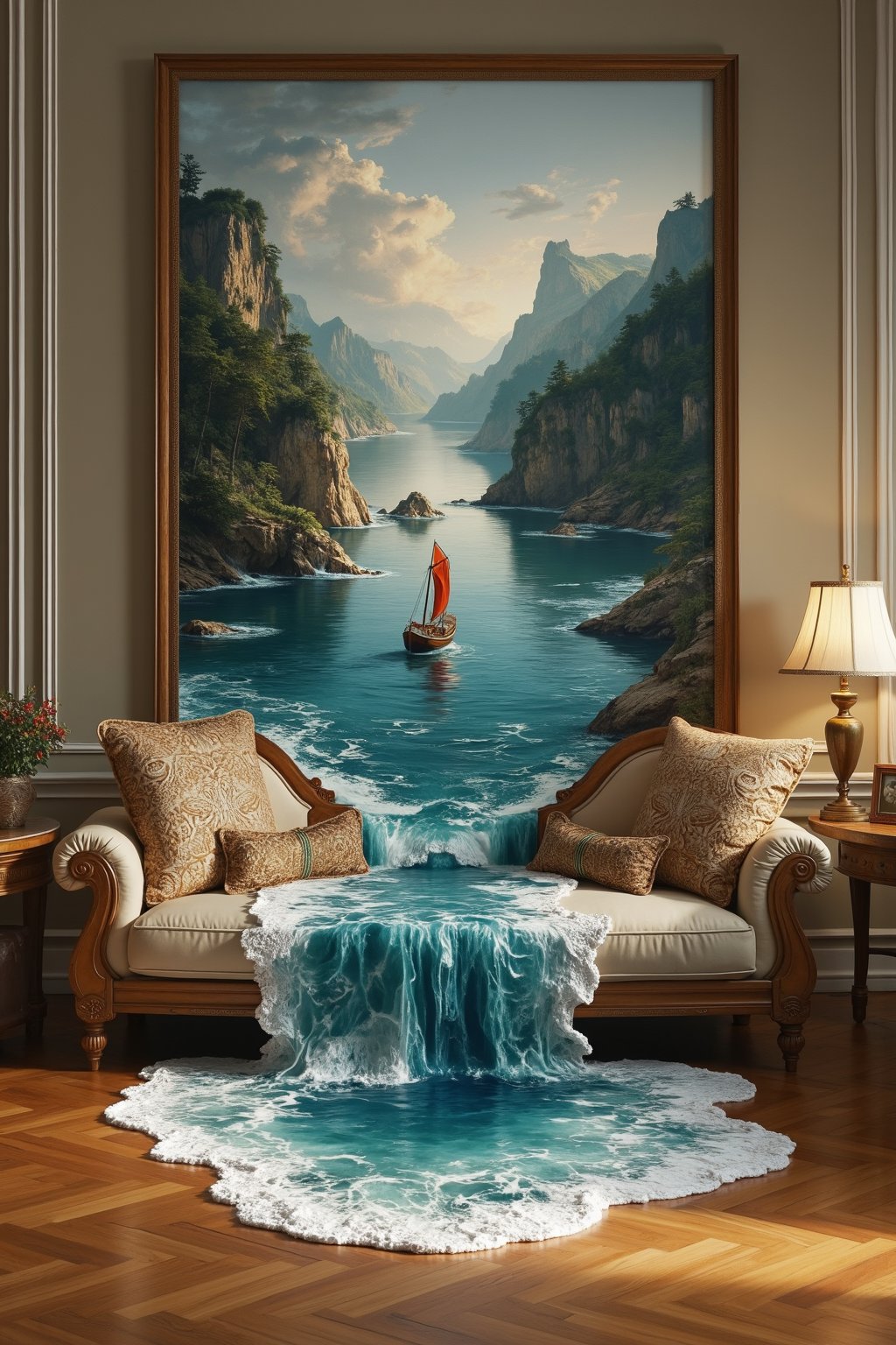 A surreal photograph of a river floating out of an oil painting on a living room wall and spilling over a couch and the wooden floor. The painting depicts a tranquil river between mountains. a ship gently bobbing in the water and entering the living room. The river's edge spills onto the wooden floor, merging the world of art with reality. The living room is adorned with tasteful furniture and a warm, inviting atmosphere., cinematic, photo, poster