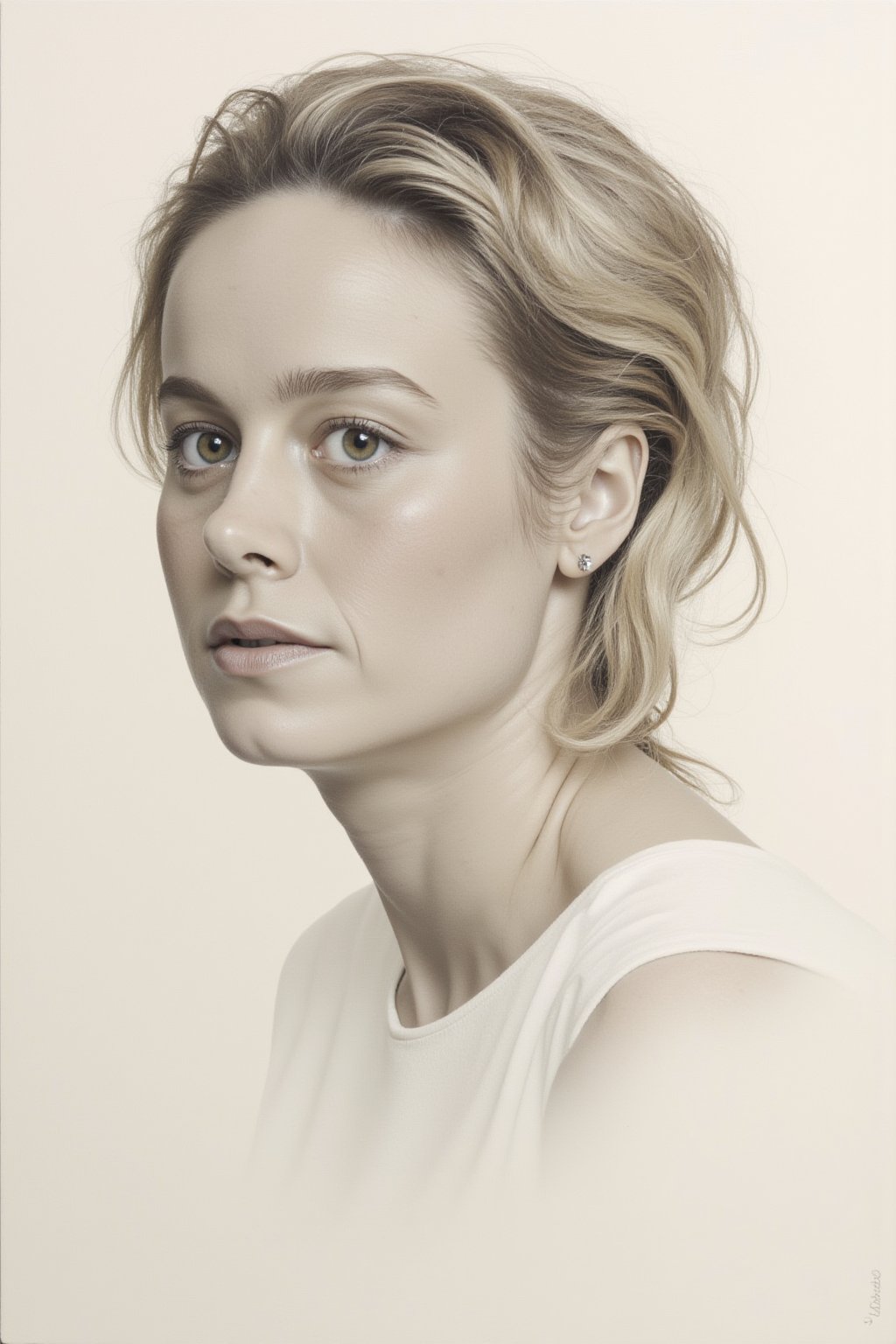 On a canvas devoid of excess, 30 year old Brie Larson,woman(Brie Larson face) takes shape with graceful lines and subtle curves. Her expression is a delicate balance of vulnerability and strength, inviting viewers to ponder the depths of her character. In the absence of detail, her presence resonates all the more, leaving an indelible impression on the viewer's mind.grace Paola Salome art