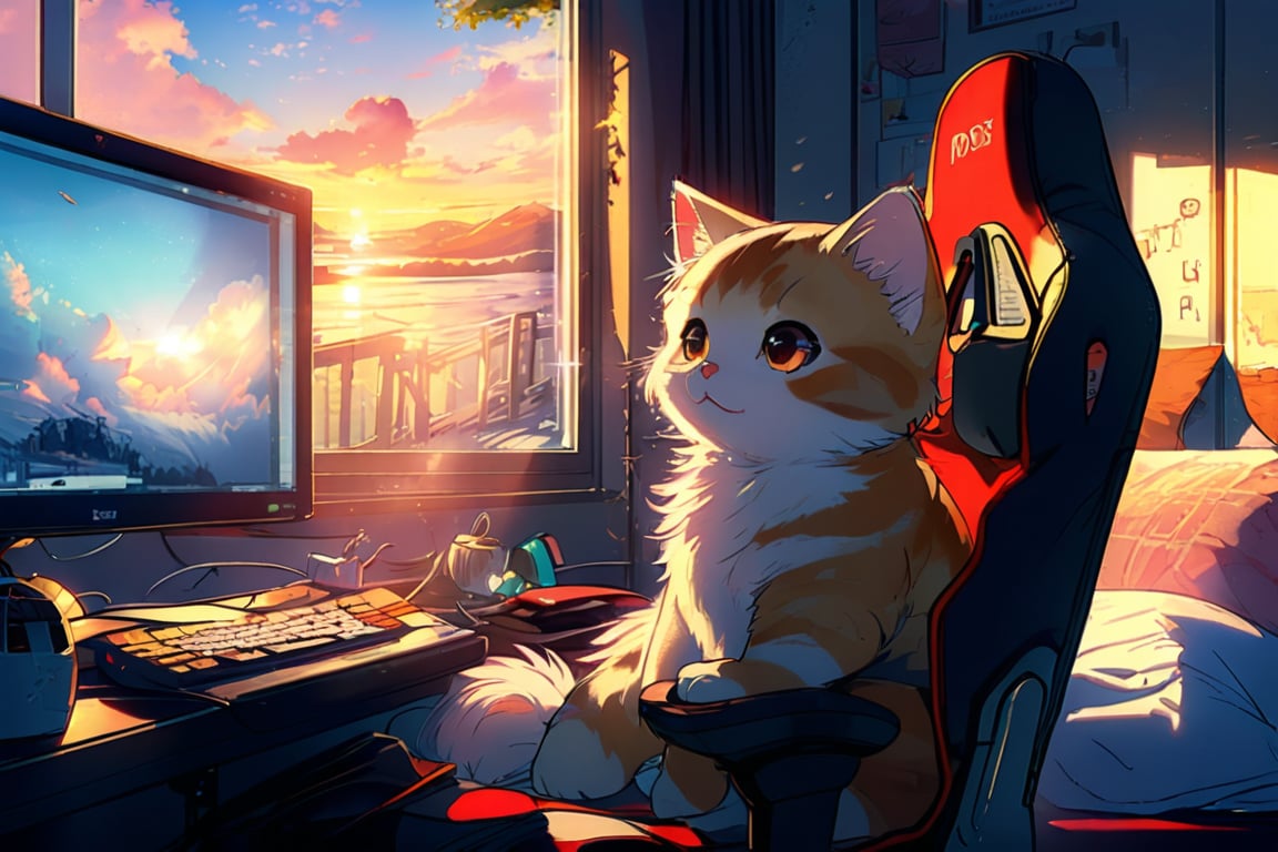 the bedroom with gaming computer with little cat sitting on gaming chair looking out the window, afternoon sunlight, anime style, ghibli studio art style