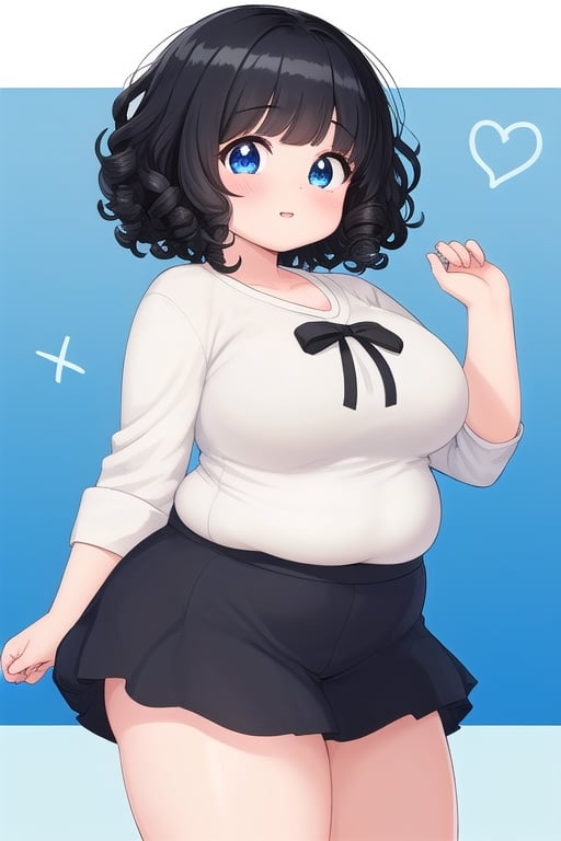 chubby_female,cute,black_hair,curly_hair,short_hair,blue_eyes