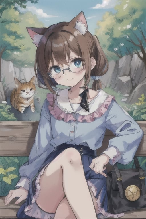 cat_girl,cute,brown_hair,twin_ponytails,short_hair,glasses,light_blue_eyes,outdoors,detailed